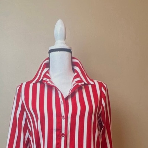 DROIMP Chic Red & White Striped Long Blouse - Size 4/Small - Picture 3 of 13